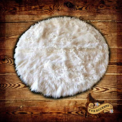 Thick White Shag Rug - Round Faux Fur - Sheepskin - Nursery - Living Room - Bedroom or Den - Branded and Bonded - by Fur Accents (3' Diamater, White)