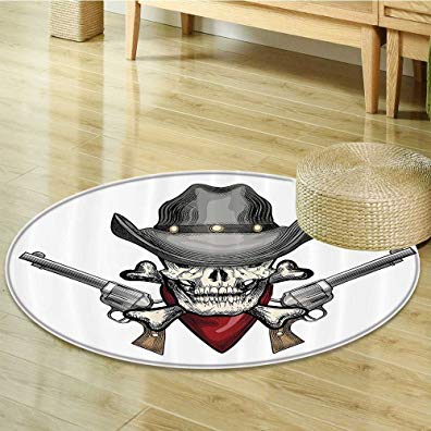 Nalahomeqq Skulls Decorations Collection Illustration of a Cool Skull Cowboy with Hat and Guns Wild West Symbol in Retro Grunge Polyester Fabric Room Circle carpet non-slip Multi-Diameter 180cm(71