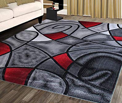 Masada Rugs, Modern Contemporary Area Rug, Red Grey Black. (5 Feet X 7 Feet)