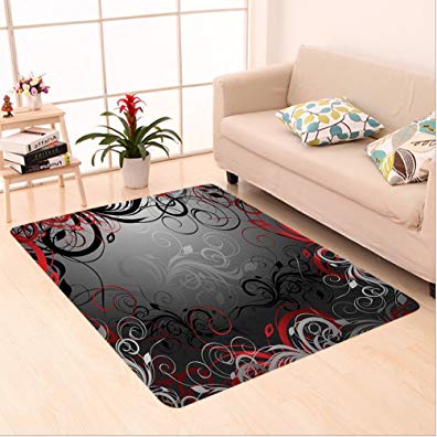 Nalahome Custom carpet d Black Mystic Magical Forest Inspired Floral Swirls Leaves Charcoal Grey Light Grey and Scarlet area rugs for Living Dining Room Bedroom Hallway Office Carpet (36