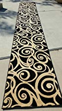 Modern Long Rug Runner Black & Cream Swirl Bellagio Design 341 (32in.X15ft10in.)