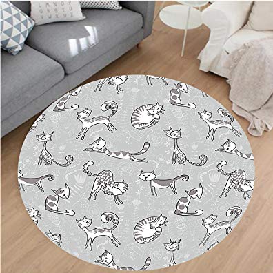 Nalahome Modern Flannel Microfiber Non-Slip Machine Washable Round Area Rug-ute Cat Figures Posing over Floral Background Feline Kitten Kitty Cartoon Art Prints Grey area rugs Home Decor-Round 67