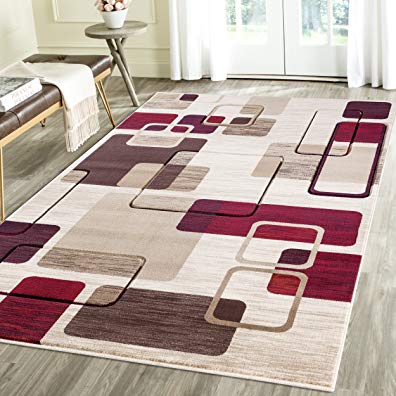 Contemporary Thin Squares Geometric Emerald Collection Area Rug by Rug Deal Plus (5' x 7', Beige/Red)