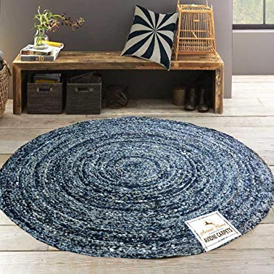 Avioni Cotton Braided Area Rug 5 feet round, Handmade by Skilled Artisans, 100% Natural ecofriendly cotton Jeans yarns, Reversible for double the wear, Rug pad recommended