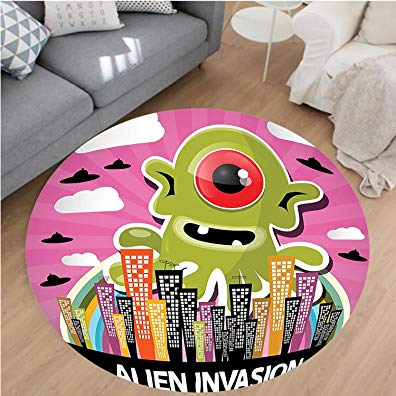 Nalahome Modern Flannel Microfiber Non-Slip Machine Washable Round Area Rug-ecor Funny Giant Big One Eyed Monster City Urban Danger Attack Invasion Clip Design Multi area rugs Home Decor-Round 67