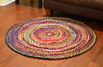 MystiqueDecors Round Area Rug Braided Multicolor HandWoven Reversible Cotton Chindi 5 ft diameter for living room dining room by 5'