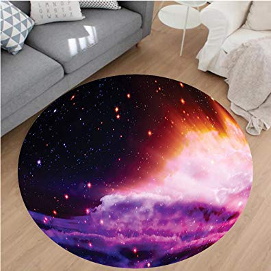 Nalahome Modern Flannel Microfiber Non-Slip Machine Washable Round Area Rug-lar Northern Lights and the Stars Like Nebula Astro Movements Artprint Navy Purple Orange area rugs Home Decor-Round 67