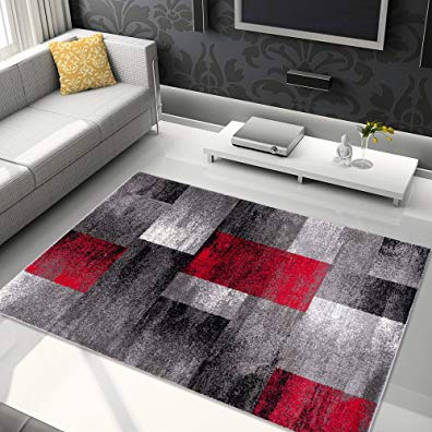 TAPISO JAWA Collection Area Rug Square Shapes Modern Design| Ideal for Living, Bed & Dining Room | Elegant Contemporary Pattern | Gray & Red 5'3