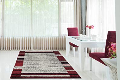 Adgo Milano Collection Modern Contemporary Geometric Framed Striped Design Jute Backed Area Rugs High Pile Soft and Fluffy Indoor Floor Rug, Silver Red, 6'6